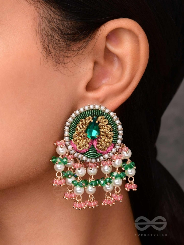 VARNANANDINI - THE COLORFUL DELIGHT - STONE, PEARLS AND BEADS EMBROIDERED EARRINGS (GREEN & PINK)