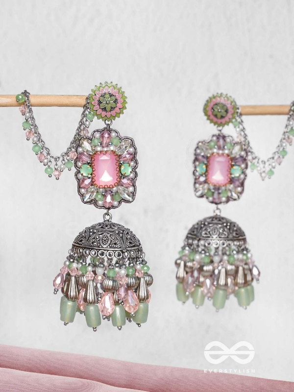Abhivars - A Shower Of Blossom - Stone And Beads Oxidised And Hand Embroidered Jhumka Earrings