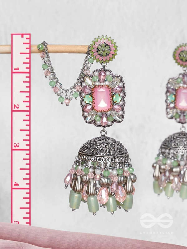 Abhivars - A Shower Of Blossom - Stone And Beads Oxidised And Hand Embroidered Jhumka Earrings