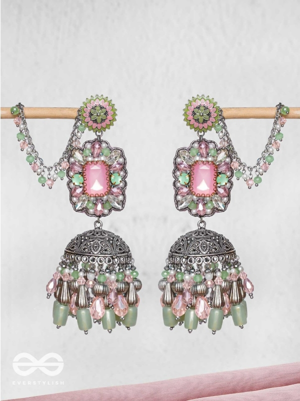Abhivars - A Shower Of Blossom - Stone And Beads Oxidised And Hand Embroidered Jhumka Earrings