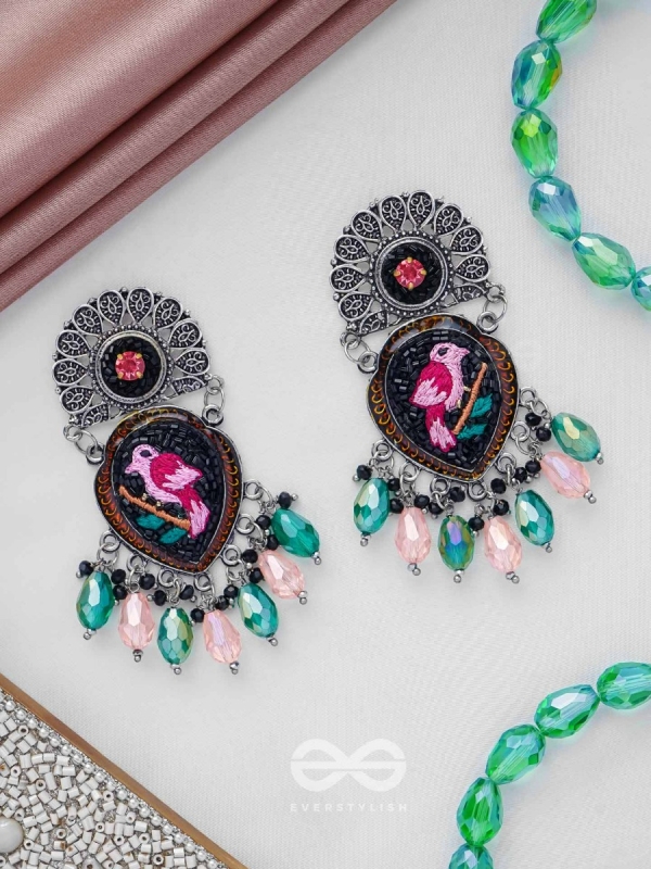 VIHANGIKA - FEATHERED FLIGHT ELEGANCE - STONE, GLASS DROPS AND RESHAM EMBROIDERED AND OXIDISED EARRINGS
