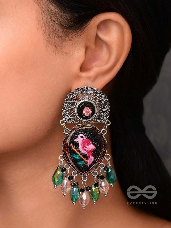 VIHANGIKA - FEATHERED FLIGHT ELEGANCE - STONE, GLASS DROPS AND RESHAM EMBROIDERED AND OXIDISED EARRINGS