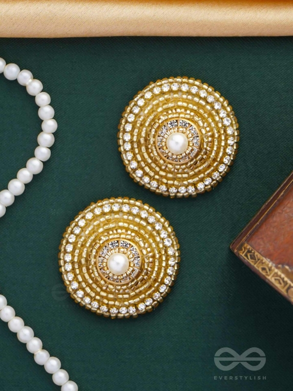 PRABHAKARINI - THE ILLUMINATING GOLDEN - PEARLS AND BEADS EMBROIDERED STUD EARRINGS
