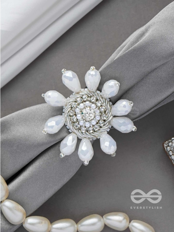 Tejovat - Glimmering White Brilliance - Stone, Beads And Glass Drops Hand Embroidered Ring (Adjustable)