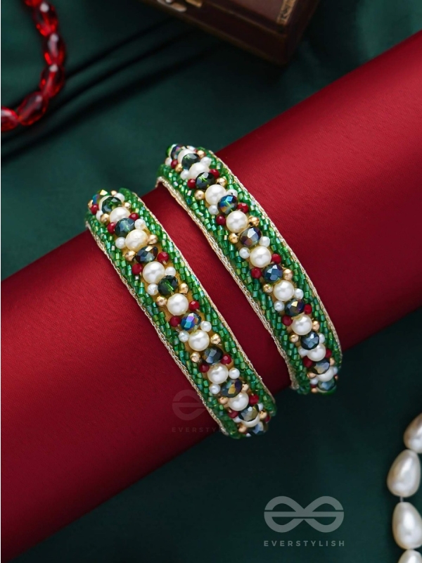 Parnaya - The Rosy Forest - Pearls, Cutdana And Beads Hand Embroidered Bangles (Set Of 2)