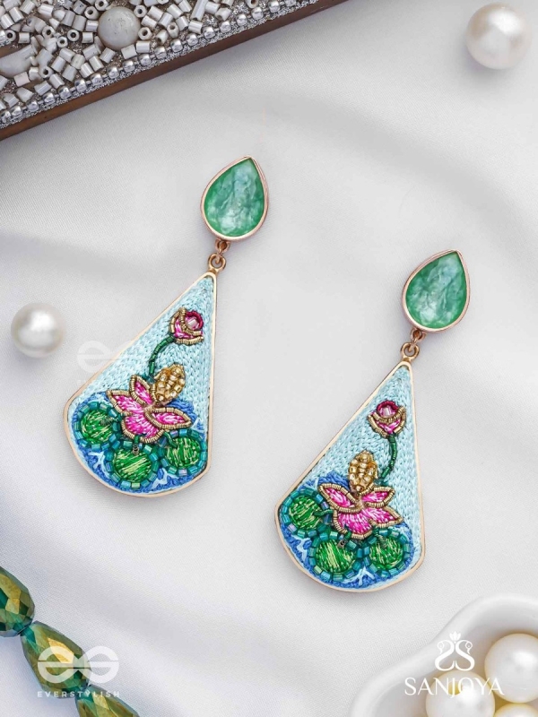 Padmalatā - Lotus Vine Hand-embroidered earrings with Cutdana, Dabka and Resham thread work 