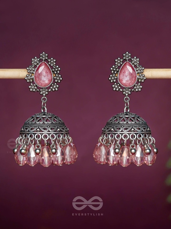 A CORAL CRUSH - EMBELLISHED OXIDISED JHUMKA EARRINGS