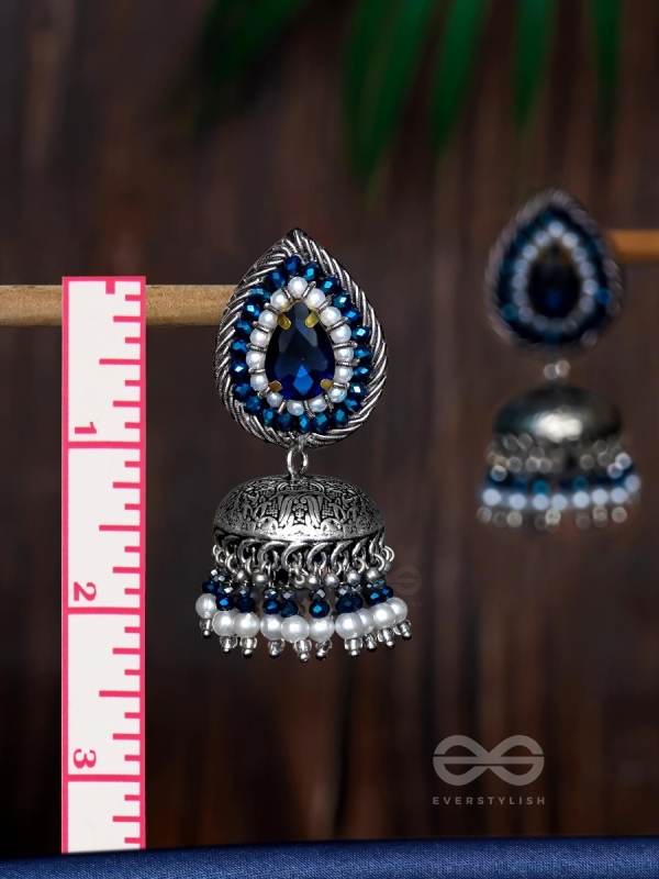 Ratryata - The Midnight Sapphire - Stone And Beads Hand Embroidered Oxidised Jhumka Earrings