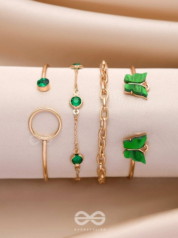 WINGS OF DELIGHT - SET OF 4 GOLDEN & GREEN BRACELETS