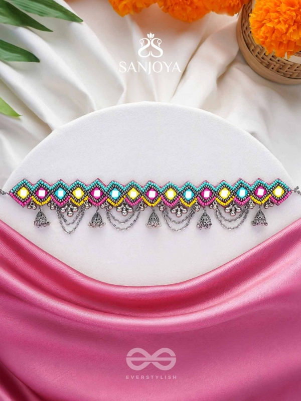 UPARJITAA - RAINBOW RADIANCE - BEADS AND MIRROR EMBROIDERED AND OXIDISED NECKPIECE