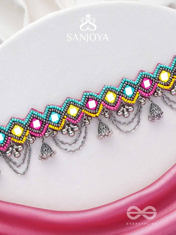UPARJITAA - RAINBOW RADIANCE - BEADS AND MIRROR EMBROIDERED AND OXIDISED NECKPIECE