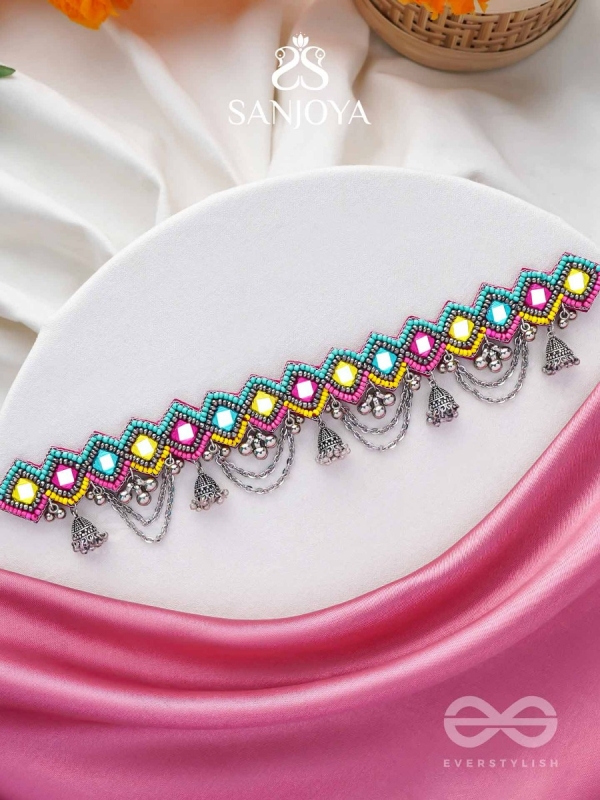 UPARJITAA - RAINBOW RADIANCE - BEADS AND MIRROR EMBROIDERED AND OXIDISED NECKPIECE
