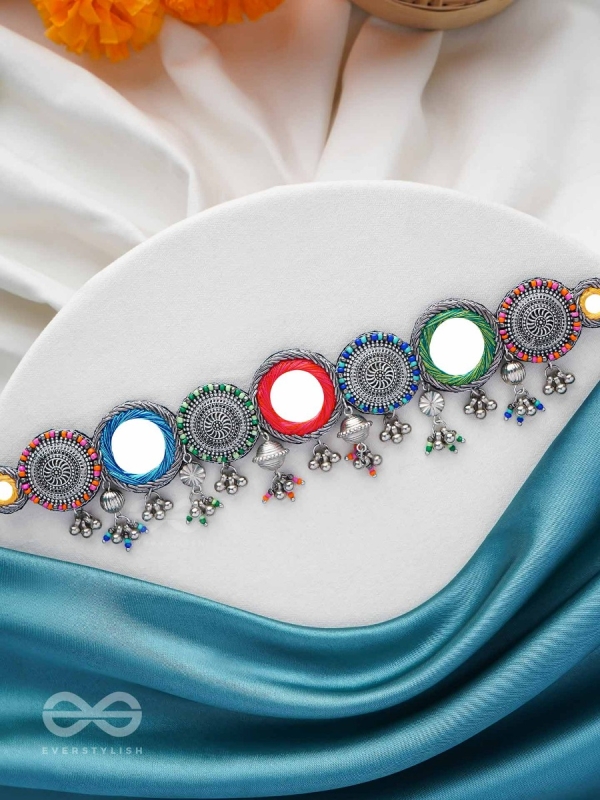 RANGAVYUHA - COLORBURST CASCADE - BEADS, MIRROR AND RESHAM EMBROIDERED AND OXIDISED NECKLACE