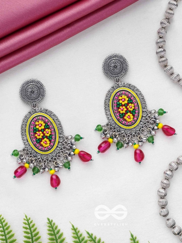 MISHRAKA - GARDEN OF PARADISE - RESHAM AND BEADS EMBROIDERED AND OXIDISED EARRINGS