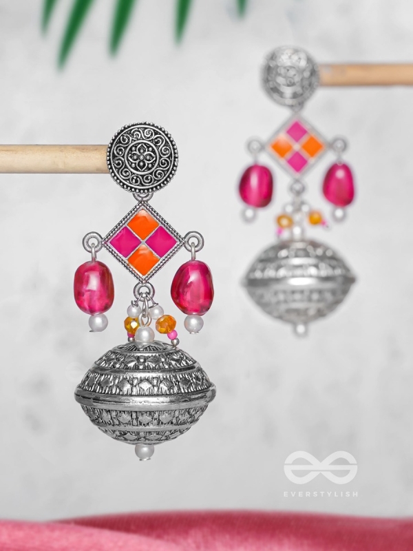 THE PINK MIRAGE - EMBELLISHED OXIDISED JHUMKA EARRINGS