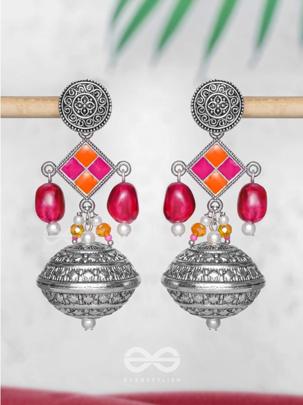 THE PINK MIRAGE - EMBELLISHED OXIDISED JHUMKA EARRINGS
