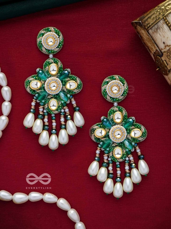 Anutva - The Royal Embrace - Pearls, Beads, Cutdana, Polki And Kundan Finished Hand Embroidered Earrings 