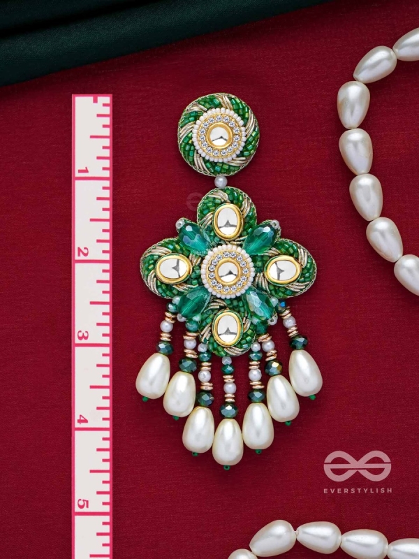 Anutva - The Royal Embrace - Pearls, Beads, Cutdana, Polki And Kundan Finished Hand Embroidered Earrings 