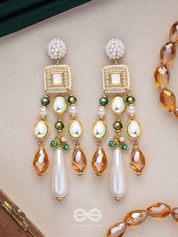 Karidant - The Ivory Elegance - Beads, Polki And Kundan Finished Hand Embroidered Earrings