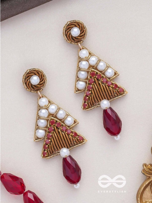 Ucchriti - The Majestic Triangles - Pearls, Dabka And Glass Drop Hand Embroidered Earrings