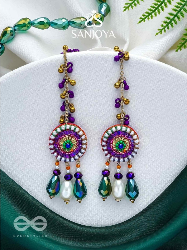 Pindalu - Majestic Plum Splendour - Beads, Sequins And Glass Drop Embroidered Earrings