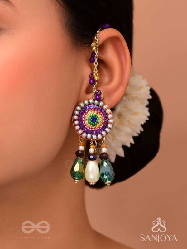 Pindalu - Majestic Plum Splendour - Beads, Sequins And Glass Drop Embroidered Earrings