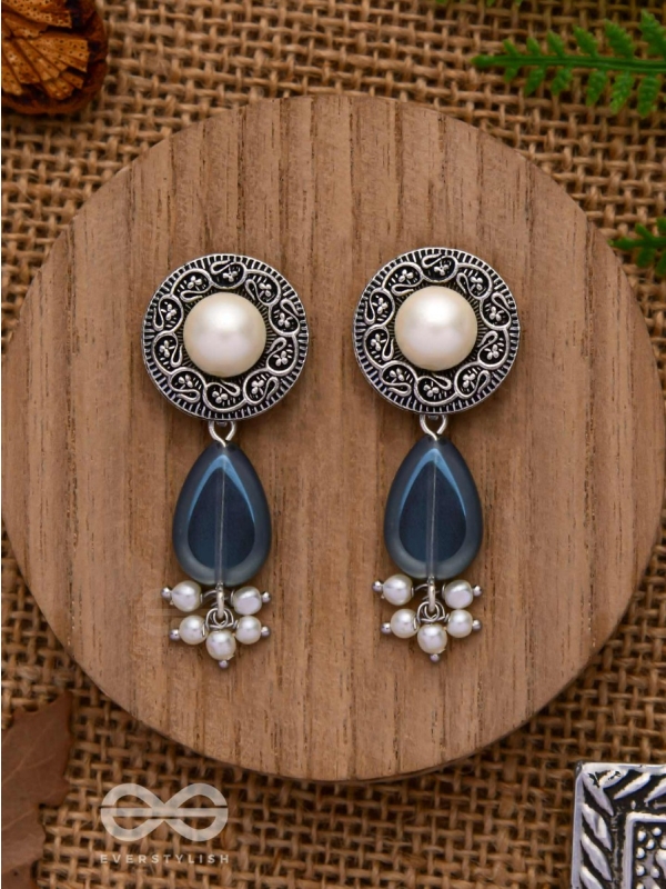 Marine Moonstone - Oxidised Pearl Jhumka Earring 