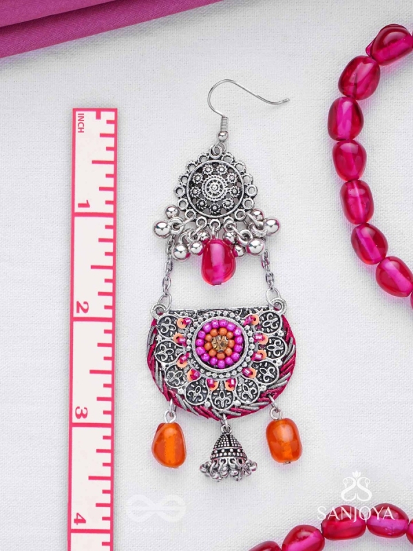 Abhisayam - The Sunset Dyes- Stone, Beads, Dabka And Glass Drops Hand Embroidered Oxidised Earrings