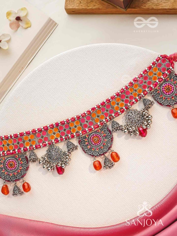 Prasvap - The Dusk Dream - Resham, Beads And Glass Drops Hand Embroidered Oxidised Choker Neckpiece