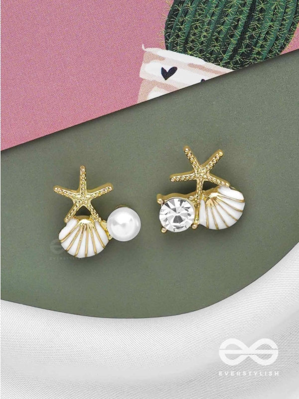 STARFISH & SEASHELL WISHES - GOLDEN AND WHITE EMBELLISHED STUD EARRINGS