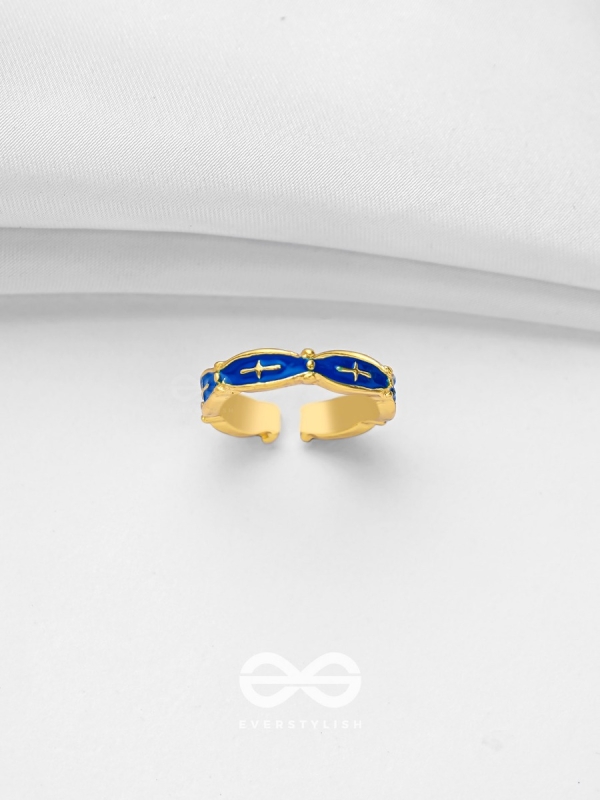 PRUSSIAN PROWESS - GOLDEN AND BLUE EMBELLISHED RING (ADJUSTABLE)