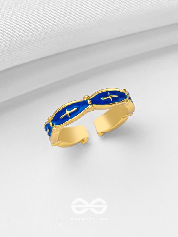 PRUSSIAN PROWESS - GOLDEN AND BLUE EMBELLISHED RING (ADJUSTABLE)