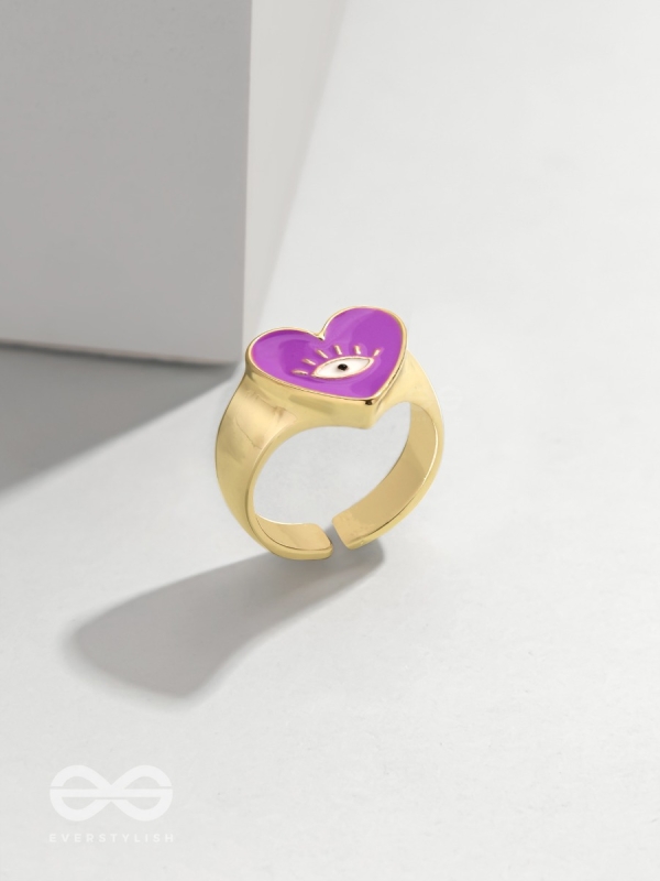 Eye Heart You - Purple Enamelled Golden Ring (Adjustable)