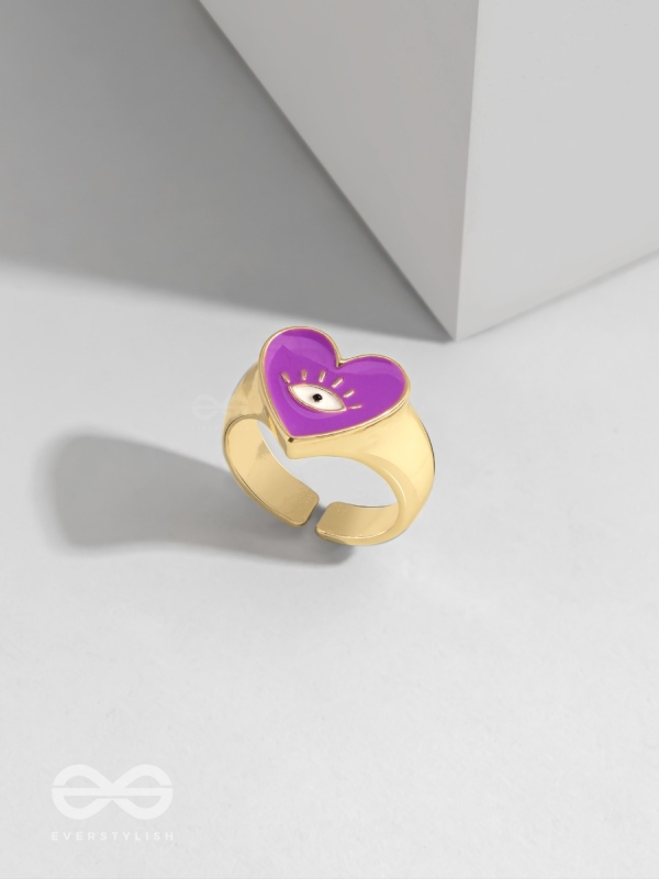 Eye Heart You - Purple Enamelled Golden Ring (Adjustable)