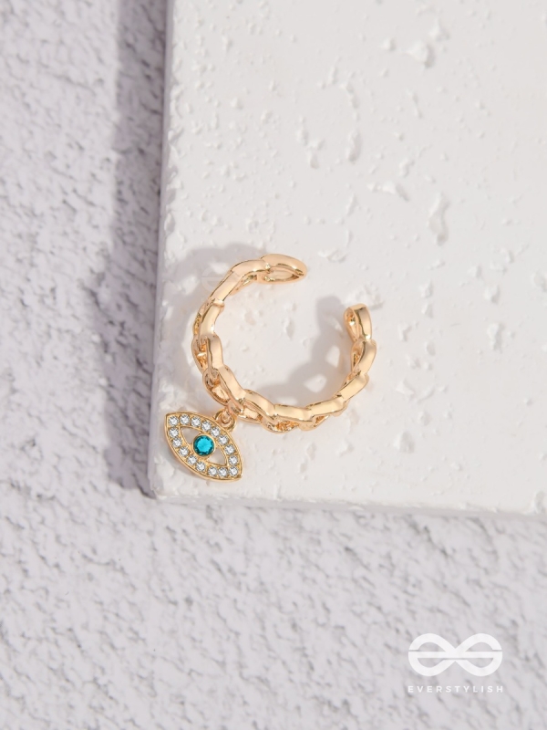 Eye Of Glamour - Golden Embellished Charm Ring (Adjustable)