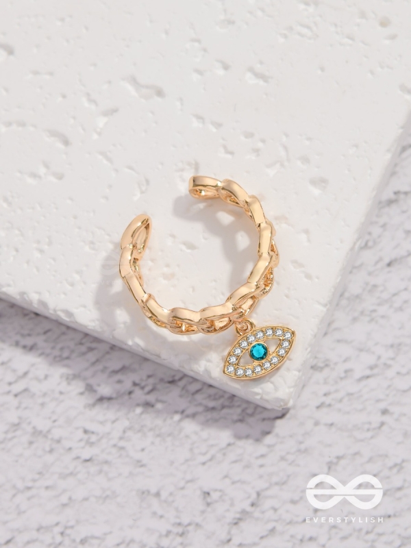 Eye Of Glamour - Golden Embellished Charm Ring (Adjustable)