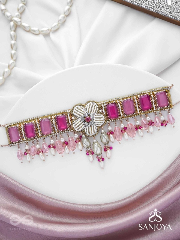CHAANDIKUSUMA - THE ROYAL BLOSSOM- STONE, BEADS, GLASS AND PEARL DROPS HAND EMBROIDERED CHOKER NECKPIECE