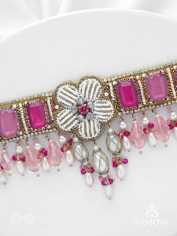 CHAANDIKUSUMA - THE ROYAL BLOSSOM- STONE, BEADS, GLASS AND PEARL DROPS HAND EMBROIDERED CHOKER NECKPIECE