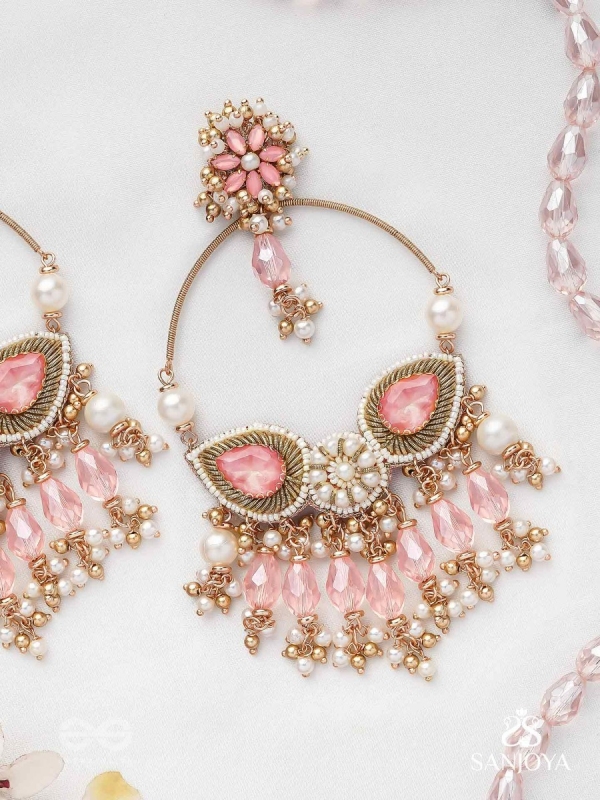 Satpushpa- The Blooming Grace- Stones, Beads, Pearls And Glass Drops Hand Embroidered Earrings