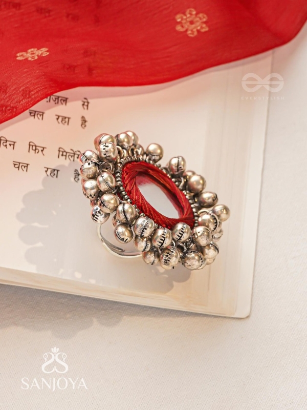 Ankara - The Tinkling Melodies - Beads And Mirror Hand Embroidered Oxidised Ring
