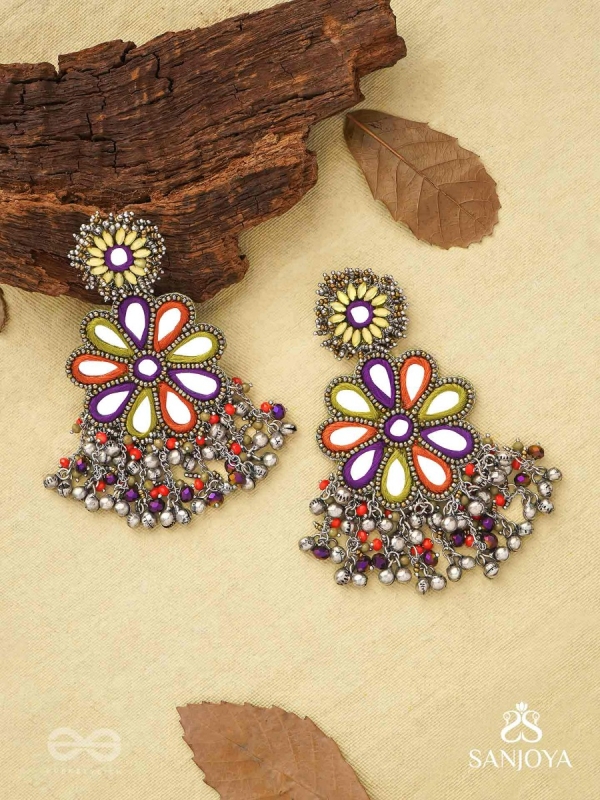 Ambuvasini - The Angel's Flower - Mirror, Resham And Beads Hand Embroidered Oxidised Earrings