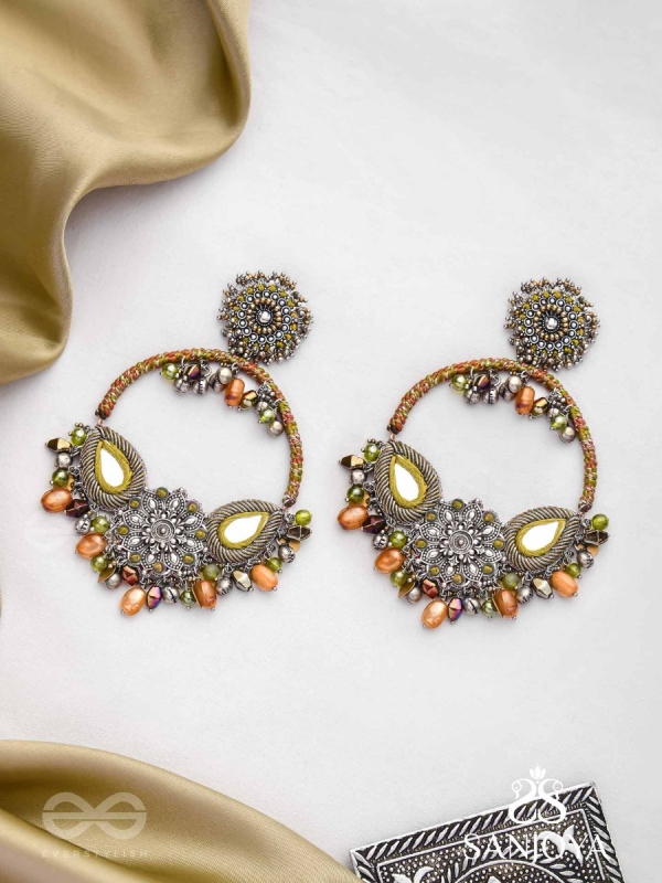 Haarin- The Divine Deer- Resham, Mirror And Glass Drops Hand Embroidered Oxidised Earrings
