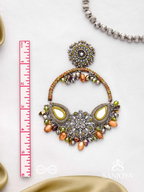 Haarin- The Divine Deer- Resham, Mirror And Glass Drops Hand Embroidered Oxidised Earrings