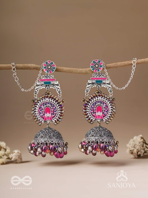 Anikini - The Lotus Manifestation- Enamelled Oxidised Chain Jhumka Earrings