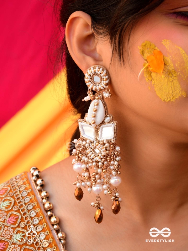 Sahasra - Golden Waves Whisper- Beads, Shells And Glass Drop Hand Embroidered Earrings