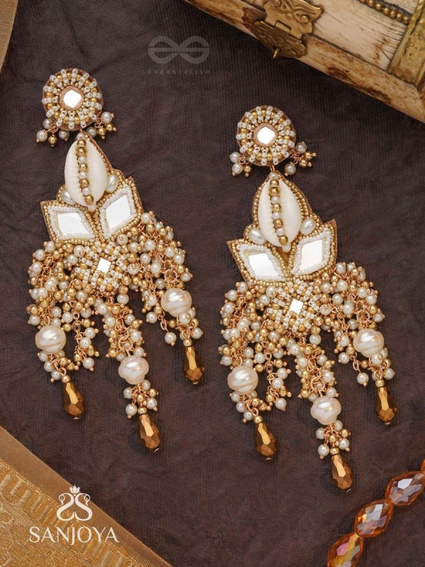 Sahasra - Golden Waves Whisper- Beads, Shells And Glass Drop Hand Embroidered Earrings