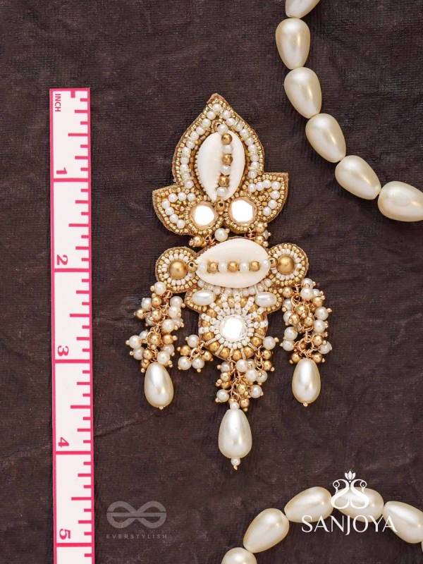 Savitra - Frosty Lily - Beads, Shells And Pearl Drops Hand Embroidered Earrings