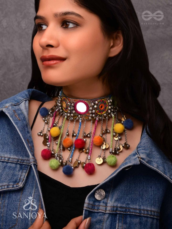 Varnaih - The Shades Of Life - Mirror, Beads And Coins Hand Embroidered Oxidised Neckpiece