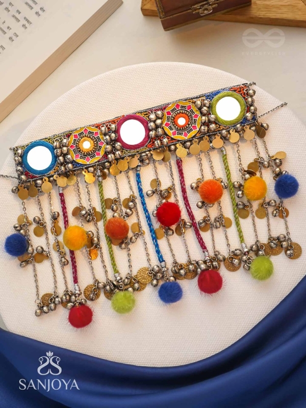 Varnaih - The Shades Of Life - Mirror, Beads And Coins Hand Embroidered Oxidised Neckpiece