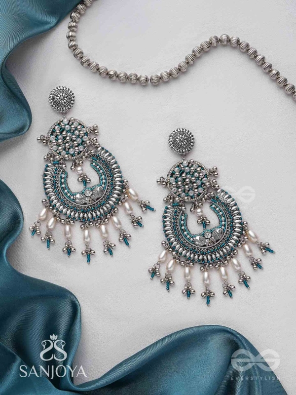 Atisiddhi- The Perfect Intricacy- Beads And Pearl Drops Hand Embroidered Oxidised Earrings